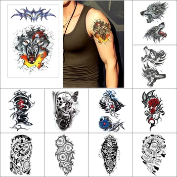 Pagaidu viltus tetovējumu uzlīmes vilku zobiem rīku ziedu dēmons mašīnas Black waterproof tetovējumu uzlīmes vīrieši sievietes Pusi rokas