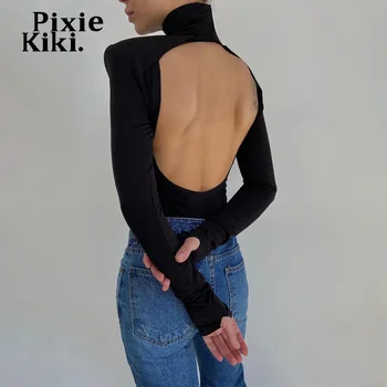 PixieKiki Sexy Atklātu Atpakaļ Augstas Kaklu garām Piedurknēm Bodysuits ar Plecu Polsteri, Melns Brūns Apģērbs Sievietēm 2020. Gadam Samazināsies P70-BG15