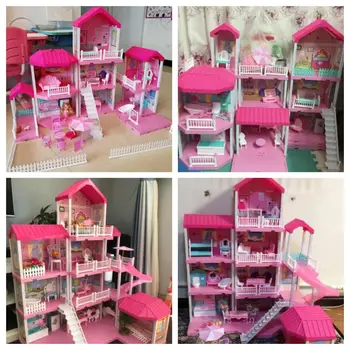 Princese Lielās Pils DIY Dollhouses Rozā Villa rotaļu Istaba Ar Skaitli Komplekts Izlikties Leļļu Nams Rotaļlietas Meitene Bērniem Ziemassvētku Dāvanu