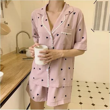 QWEEK Pidžamu Sieviešu Mājas Apģērba Pijamas Dāmas Sirdi Drukāt Nightie Lounge Valkāt Sexy Sleepwear Divas Gabals, kas Pidžamas Vasaras
