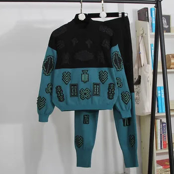 Raibs Adīts Komplekts Sievietēm Tracksuit Izšuvumi Džemperis Džemperis Zīmuli Bikses Divas Gabals Tērpiem Sieviešu Zaudēt Gadījuma Adīt Uzvalks