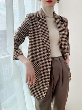 Retro houndstooth vilnas mazo uzvalks jaka 2021. gada pavasarī jaunu temperaments korejas biezs vilnas audums dāmas