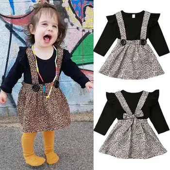 Rudens Bērniem, Baby Girl Apģērbu Komplekti Lidot Piedurknēm Ruffles Topi+Leopard Priekšautiņi Svārki Ietilpst 2gab 0-ź5 y