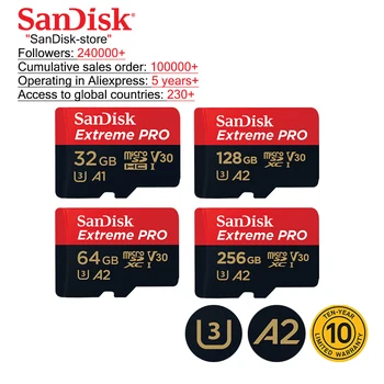 SanDisk Sākotnējā TF Mikro SD atmiņas Kartes Extreme Pro Atmiņas Kartes U3 100MB/s 32GB 64GB, 128GB un 256 gb Tālruņa Kameru 4K Video Ierakstīšanu