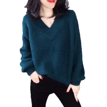 Seksīga trikotāžas V-veida kakla džemperis, rudens un ziemas modes vienkāršs brīvs jaka, džemperis, garām piedurknēm plus lieluma rallija knitwearh0032