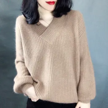 Seksīga trikotāžas V-veida kakla džemperis, rudens un ziemas modes vienkāršs brīvs jaka, džemperis, garām piedurknēm plus lieluma rallija knitwearh0032
