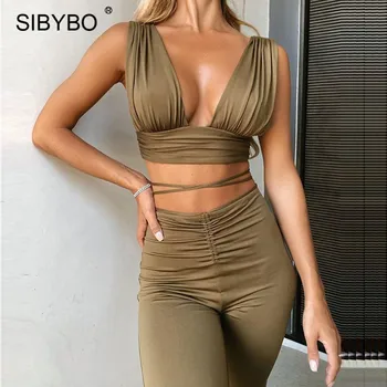 Sibybo Sexy Backless Top Un Plaša Kāju Bikses Atbilstības Komplekti Sievietes, V-Veida Kakla Pārsējs Divas Gabals Tērpiem Femme Streetwear Tracksuit Jaunas