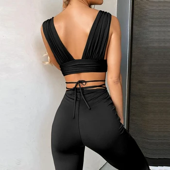 Sibybo Sexy Backless Top Un Plaša Kāju Bikses Atbilstības Komplekti Sievietes, V-Veida Kakla Pārsējs Divas Gabals Tērpiem Femme Streetwear Tracksuit Jaunas
