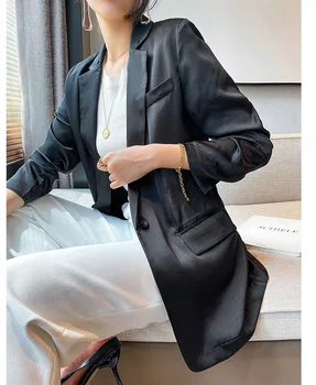Sievietēm melnā satīna žakete dāma biroja darbā sieviete pienācīgas 2020. gada vasaras femme plānas uzvalka žaketes