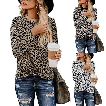 Sieviešu Kokvilnas Maisījums T-krekls Topi Rudens Modes Gadījuma Sievietes Leopards Drukāt Apaļu Kakla garām Piedurknēm Top par Sieviešu drēbes