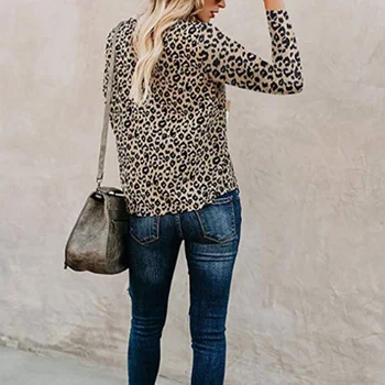 Sieviešu Kokvilnas Maisījums T-krekls Topi Rudens Modes Gadījuma Sievietes Leopards Drukāt Apaļu Kakla garām Piedurknēm Top par Sieviešu drēbes