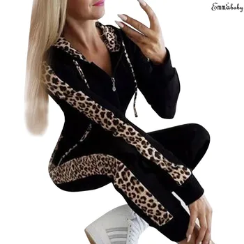Sieviešu Leopard Tracksuit Drukāt Aukliņu Sexy Gadījuma Divu gabalu Skriešana + Krekls Sieviešu Rudens Ziemas Tērps