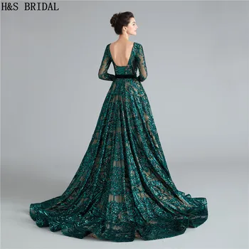 Tumši Zaļā krāsā ar garām Piedurknēm Balles Kleitas, Vizuļi kleitu balli Backless balles kleitas 2019 vakara tērpi drēbes de saviesīgs vakars formālu kleita