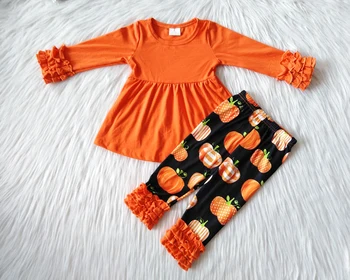Vairumtirdzniecības bērniem halloween apģērbs meitene boutique oranža krāsa top spēles ķirbju savirmot bikses 2 gab. komplekts meitene rudenī apģērbs