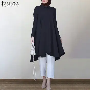 Vintage Asimetrisks Krekli, Sieviešu Rudens Blūze ZANZEA ir 2021. Gadījuma garām Piedurknēm turku Drēbes, Krekli, Sieviešu Cietā Islāmu Apģērbi
