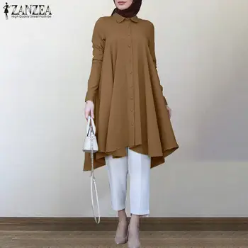 Vintage Asimetrisks Krekli, Sieviešu Rudens Blūze ZANZEA ir 2021. Gadījuma garām Piedurknēm turku Drēbes, Krekli, Sieviešu Cietā Islāmu Apģērbi