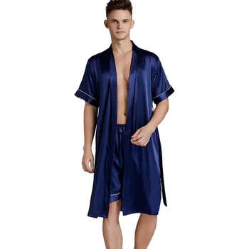 Vīriešu Kimono Drēbes Kleita Sleepwear 2GAB Drēbes&Šorti Komplekts Satīna Zīdaini Naktsveļu Intīmas Apakšveļa Ikdienas Vannas Kleita Lielajam 3XL