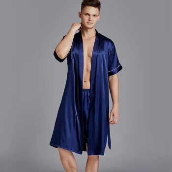 Vīriešu Kimono Drēbes Kleita Sleepwear 2GAB Drēbes&Šorti Komplekts Satīna Zīdaini Naktsveļu Intīmas Apakšveļa Ikdienas Vannas Kleita Lielajam 3XL