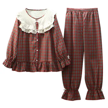 XIFER Lolita Sieviešu Pidžamas Komplekti.Mežģīņu Topi+Garās Bikses.Vintage Režģu Dāmas, Meitenes Kokvilnas Pidžamas Komplekts Guļ Pidžamā Homewear