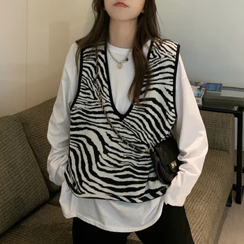 Zebra-Svītru Džemperi, Vestes Sieviešu Īsās Stilu Zaudēt Rudens Ir 2021. Jaunu korejiešu Stilā ar V-veida kakla Džemperis bez Piedurknēm