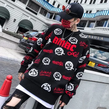 Ziemas Vēstuli Izšuvumi Džemperis Vīriešiem Japānas Stila Trikotāžas Vīriešu Džemperi Harajuku Streetwear Smieklīgi Modelis Hip Hop Puloveri