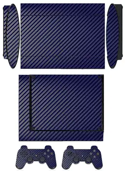 Zila Oglekļa Šķiedru, Ādas, Vinila Uzlīmes Aizsargs Sony PS3 Super Slim 4000 un 2 kontrolieris ādas Uzlīmes