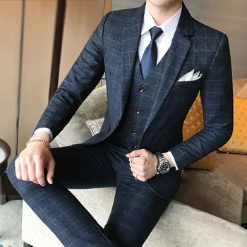 (Žakete+Bikses+Veste) Luksusa Vīriešu Uzvalku 3 Gabals, kas Modes Boutique Režģu Līgavainis Kāzu Kleitu Vīriešu Smokings Vīriešiem Banketa Klubu Kleita